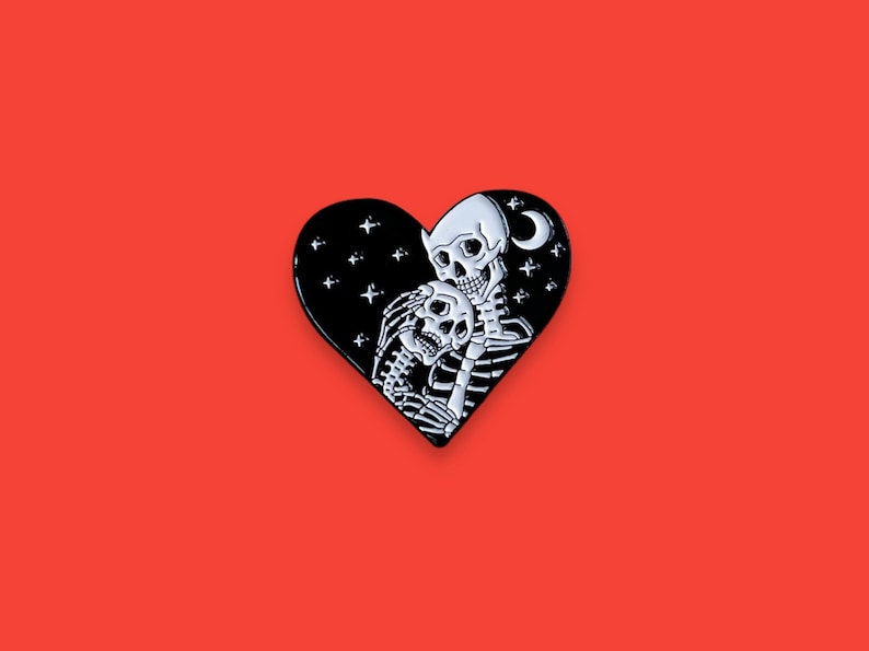 Eternal Love Heart Skeleton Night Sky Enamel Pin // Funny Enamel Pins // Unique Enamel Pins // Halloween Enamel Pins // Spooky Goth Pins image 1