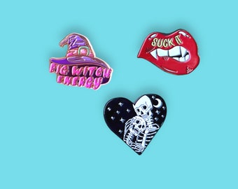 Pin Pack Big Witch Energy + Suck It Lips + Eternal Love Skeleton Enamel Pin Pack // Funny Unique Pins // Halloween Spooky Pastel Goth Pins