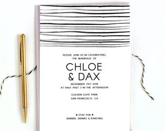 May include: A wedding invitation with a minimalist design. The invitation features the names "Chloe & Dax" in bold text, along with the date, time, and location. The top of the card has a series of black and grey horizontal lines. A gold pen and twine are also visible.