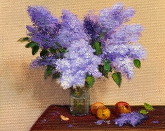 Lilacs, Miniature 4x4 inch Original Oil Painting, Still Life, Flowers, Peaches, Bouquet, Realism, B440T