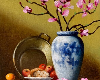 Original Miniature Oil Painting 4x4 inches Still Life Antique Delft Jar Magnolia Blossoms Brass Pan Fruit Collectible Fine Art B508