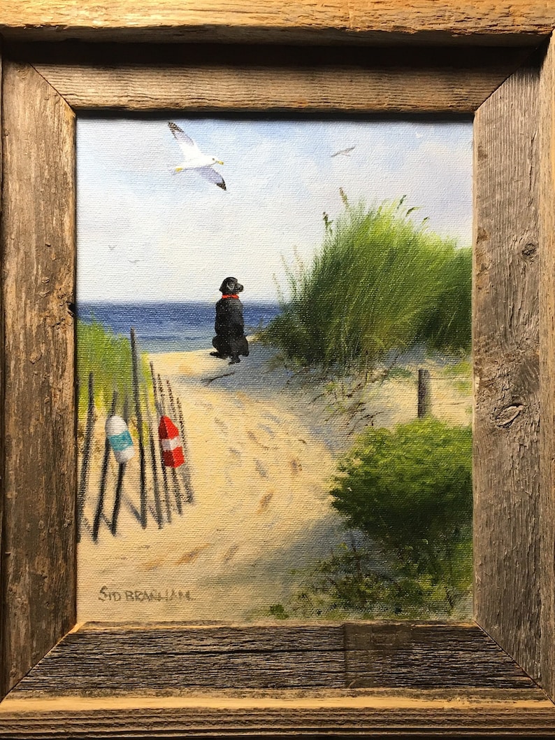 Oil Painting 10x8 inches seascape black Labrador Retriever pet nautical sea dunes sea gulls buoys sand framed barn wood