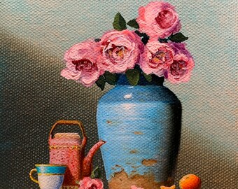 Original Oil Miniature 4x4 inch Oil Painting Floral Pink Rose Still Life Teacup Teapot B537