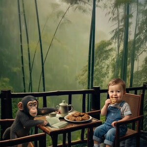 May include: A whimsical scene of a monkey and a toddler enjoying cookies and tea on a bamboo-lined porch. The monkey reaches for a cup, while the child eats a cookie. A teapot, book, and plate of cookies sit on the table. The background features lush greenery.