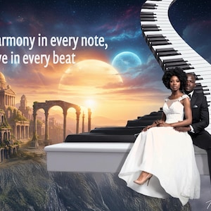 May include: A couple sits on a piano keyboard in a surreal landscape with a sunset and a fantasy city. The woman wears a white dress, and the man is in a black suit. Text reads "Harmony in every note, love in every beat."