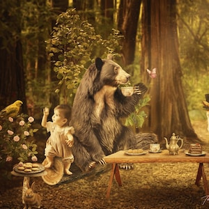 May include: A whimsical forest scene depicts a bear, fox, and baby enjoying tea. A yellow bird and a rabbit are also present. The bear holds a teacup, while the fox wears a top hat. A table is set with a teapot, cakes, and cookies. A butterfly flutters nearby.