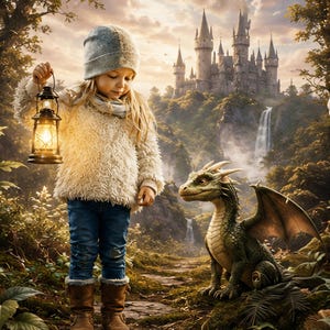 May include: A young person in a fluffy white sweater, blue jeans, and brown boots holds a lit lantern, looking at a green dragon. A castle sits atop a mountain in the background, with a waterfall cascading down the side. The scene is set in a lush forest.