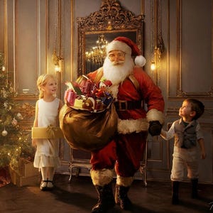 May include: Santa Claus in a red suit and hat, carrying a large sack of gifts, accompanied by two children. A decorated Christmas tree stands to the left, with a star on top. The scene is set in a room with ornate wall paneling and a large mirror.
