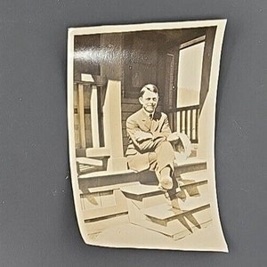 Vintage Photograph Handsome Man in Suit Sitting on Porch Steps Holding Cap Sepia