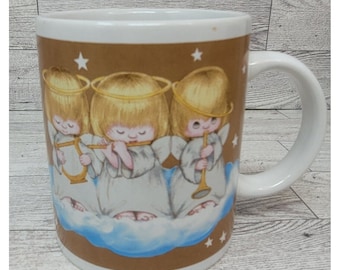 Vtg Hallmark Christmas Angels Coffee Cup Mug Cocoa Instruments Musical Trio Gold