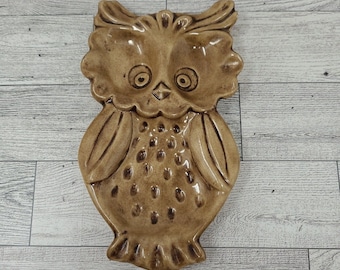 Vide-poche en céramique vintage hibou avec repose-cuillère 7 po., céramique émaillée peinte brune