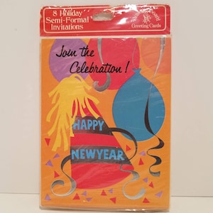 Invitaciones vintage para fiesta de Nochevieja, juego de 8, nuevas en paquete, tarjetas de felicitación con diseño de tablero de dibujo.