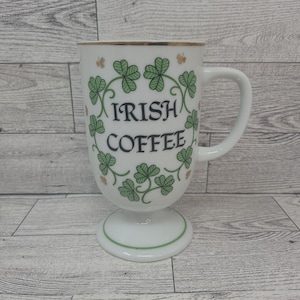 Vintage Irish Coffee Mug Cup Footed Pedestal Shamrocks Recipe 8 Oz St. Patrick&#39;s