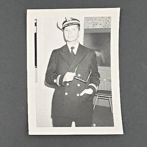 Vintage Photograph Handsome Man in Navy Captain Uniform Holding Glasses B&W