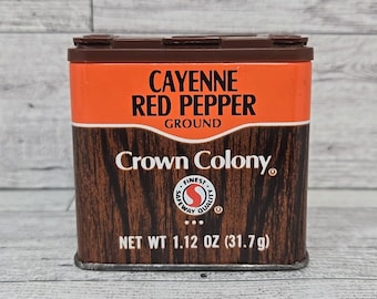 Vintage 1980s Crown Colony Spice Tin Cayenne Red Pepper Safeway Retro Kitchen