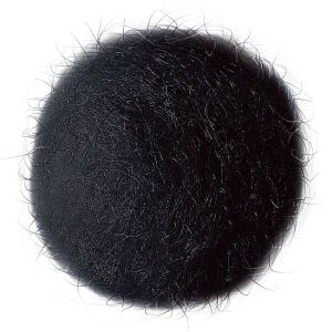 May include: A close-up of a black, round, fuzzy object. The object is made of many small, black fibers that are tightly packed together.