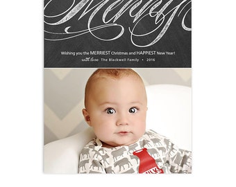 Christmas Card Template - Chalkboard Background or Kraft Paper Background - Flat 5x7 Card - Merry - 1341