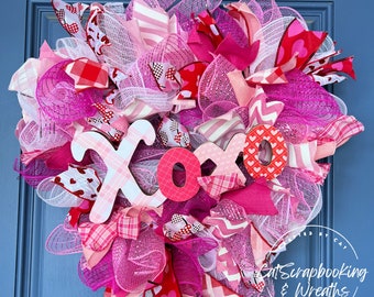 XOXO Wreath | Valentine | Valentine Wreath | Pink,Red & White | Deco Mesh | Heart Wreath | Valentines Wreath | Heart Shaped | Home Decor