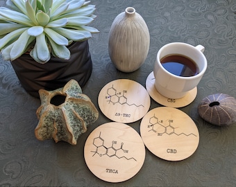 Cannabinoid Coaster, Wood Set of 4 - THC, CBD, CBG, Delta 8, Tetrahydrocannabinol, Cannabis sativa, Cannabis indica