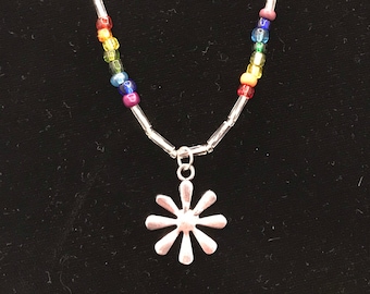 Rainbow and Silver Flower Beaded Necklace/Bracelet