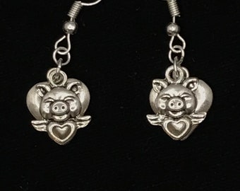 Cupid Piggy Silver Charm Earrings