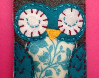 Felt Owl iPhone Pouch Case Cozy- Floral Teal and Grey