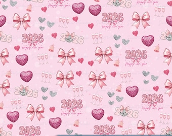 New Year 2026 Digital Paper PNG | Seamless Pink Champagne Disco Ball Pattern | NYE Scrapbook Paper Download