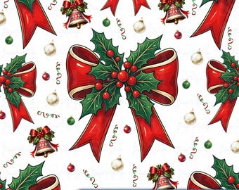 Christmas Bow Digital Paper PNG | Seamless Red Green Gold Holiday Pattern | Printable Scrapbook Paper Download