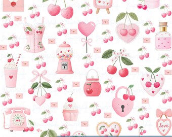 Valentine's Day Digital Paper PNG | Seamless Pink Cherry Love Pattern | Holiday Scrapbook Paper Download