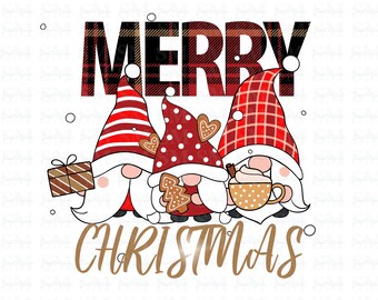 May include: Three gnomes with red and white hats and white beards. The gnome on the left is holding a gift box. The gnome in the middle is holding a gingerbread cookie. The gnome on the right is holding a cup of hot chocolate. The gnomes are in front of the text "Merry Christmas" in black and red plaid.