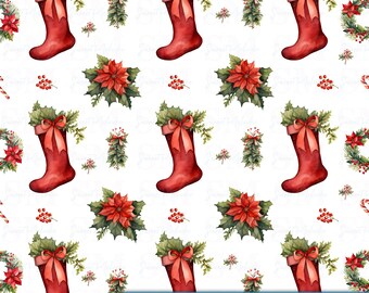 Christmas Stocking Digital Paper PNG | Seamless Red Holiday Pattern | Printable Scrapbook Paper Download
