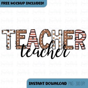 Puede incluir: Un diseño gráfico digital con la palabra "TEACHER" en letras marrones, blancas y naranjas con lunares y rayas. La palabra "teacher" está escrita en cursiva negra debajo de las letras.