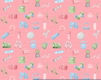 Fitness Digital Paper PNG | Seamless Workout Pattern | Yoga Running Weights Scrapbook Paper Download