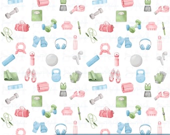 Fitness Digital Paper PNG | Seamless Workout Pattern | White Scrapbook Paper Download