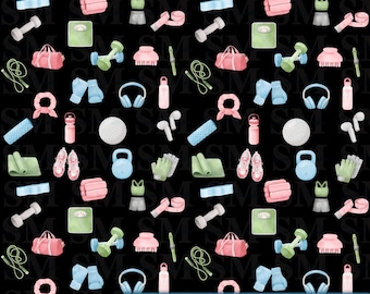 Fitness Digital Paper PNG | Seamless Workout Pattern | Black Scrapbook Paper Download