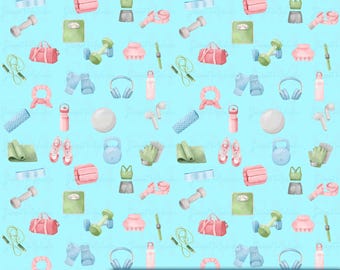 Fitness Digital Paper PNG | Seamless Workout Pattern | Blue Scrapbook Paper Download