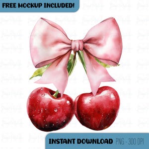 Cherries with Pink Bow PNG - Digital Download, Cute Cherry Clipart, Bow Cherry, Fruit Design, Instant Download for Crafts & DIY Projects,PNG