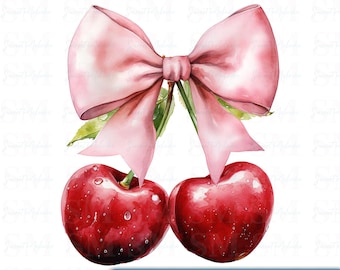 Cute Cherry Clipart – Cherries with Pink Bow, Fruit Design (PNG Digital Download)