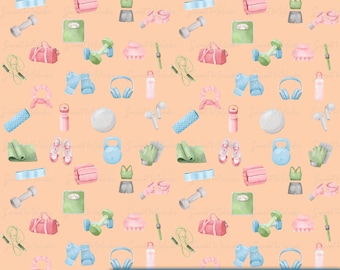 Fitness Digital Paper PNG | Seamless Workout Pattern | Coral Scrapbook Paper Download