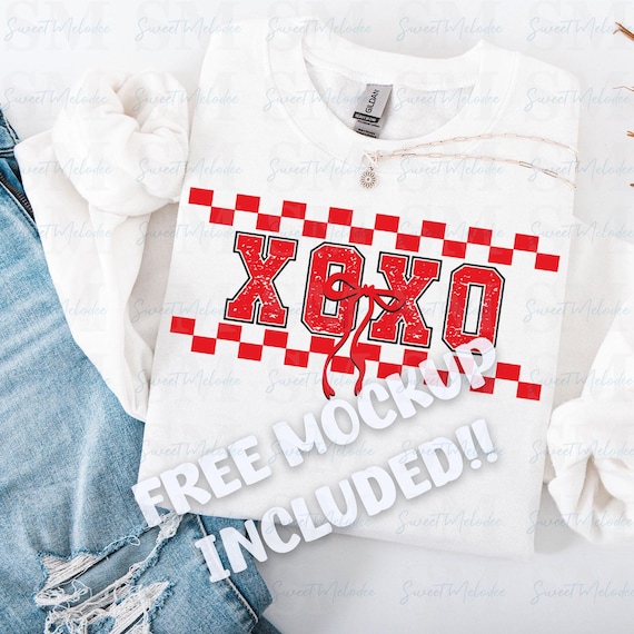 XOXO チェックシャツ PNG デザイン：赤いリボン (デジタルダウンロード 