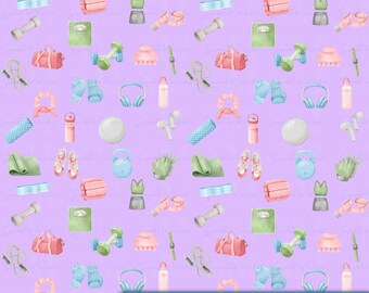 Fitness Digital Paper PNG | Seamless Workout Pattern | Purple Scrapbook Paper Download