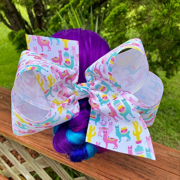 hair bow extra large boutique hair bow llama and cactus print Southern Style made with 3 in Grosgrain Ribbon