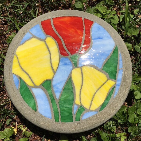 Tiptoe Thru the Tulips Stepping Stone -11 1/2 Inch Round Stepping Stone Mosaic-Photo shown is exact piece to ship-Stained glass & concrete