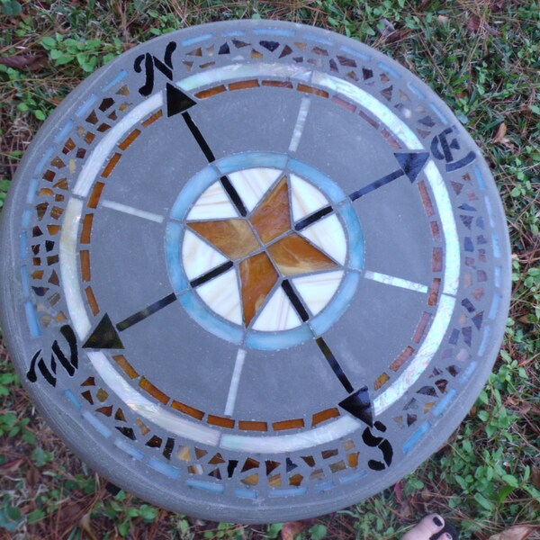 Which Way Do I Go? Compass Mosaic Stepping Stone - Garden Art - Stained Glass & Concrete 14" Round - table base not included