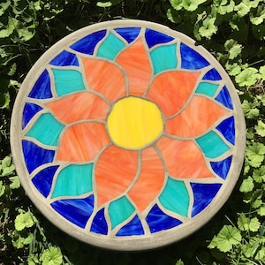 Summer Orange Flower Power Mosaic Stepping Stone - 14 Inch Round Yard Garden Decor - Flower Mosaic Stepping Stone-Photo exact mosaic to ship