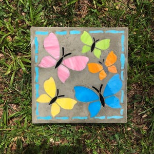 Butterfly Friends - Butterfly Stepping Stone - 11 1/2 Inch Square Mosaic Stepping Stone Yard and Garden Art-Photo Exact Piece to Ship