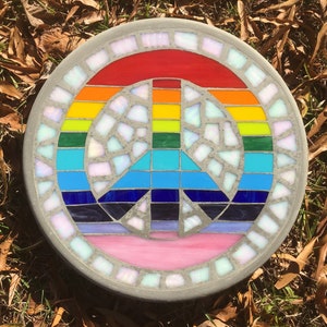 Rainbow of Peace -14 Inch Round Mosaic Stepping Stone-Peace Sign Garden Yard Mosaic Art-Photo is exact piece to ship-Stained Glass, Concrete
