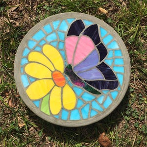 Butterfly Alights Stepping Stone-11 1/2 Inch Round Mosaic Stepping Stone-Butterfly Flower Yard Garden Art-Photo Exact Mosaic To Ship