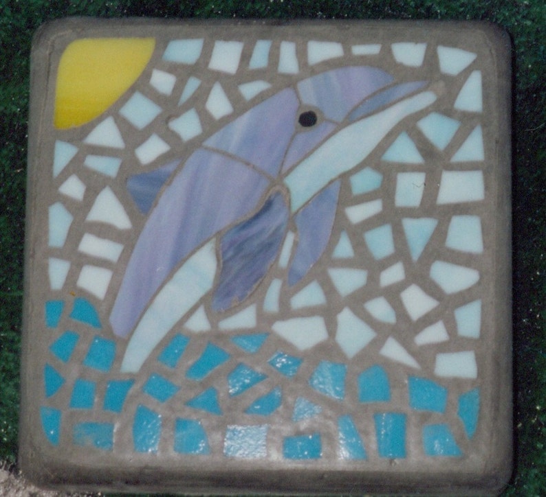 Dolphin Fun Handmade Stained Glass Decorative Mosaic Garden Stepping Stone 8 Square