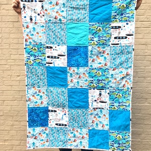 Patchwork nautical theme boy crib quilt: Handmade cotton blanket